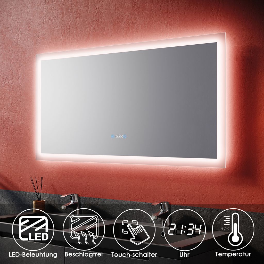 SONNI Badspiegel 120x60cm mit LED Beleuchtung Touch-Schalter mit Uhr und Temperaturanzeige Beschlagfrei Wandspiegel IP44