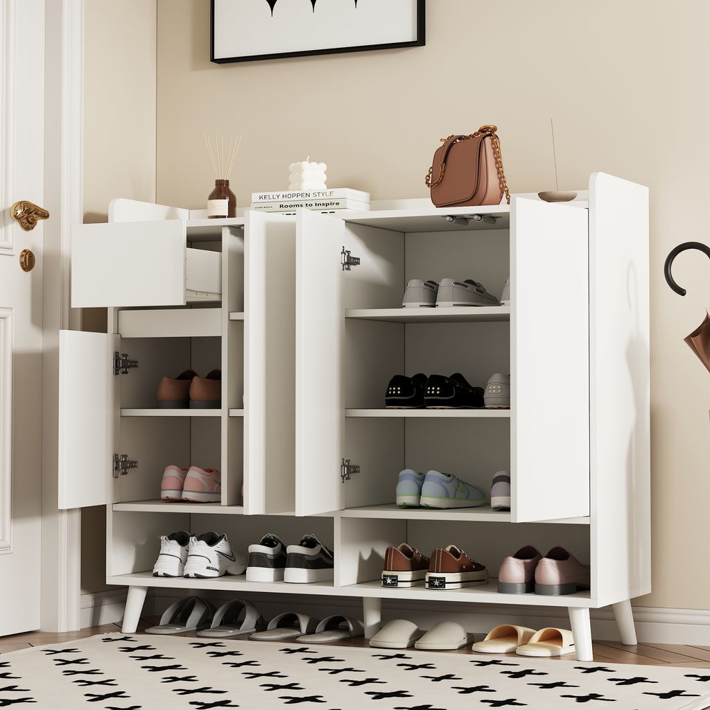 MODFU Schuhschrank mit 4 Türen, Schuhregal mit und 1 Schublade, Kommode mit einem verstellbaren Regal, Weiß