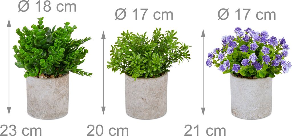 Relaxdays Kunstpflanzen 3er Set, verschiedene knstliche
