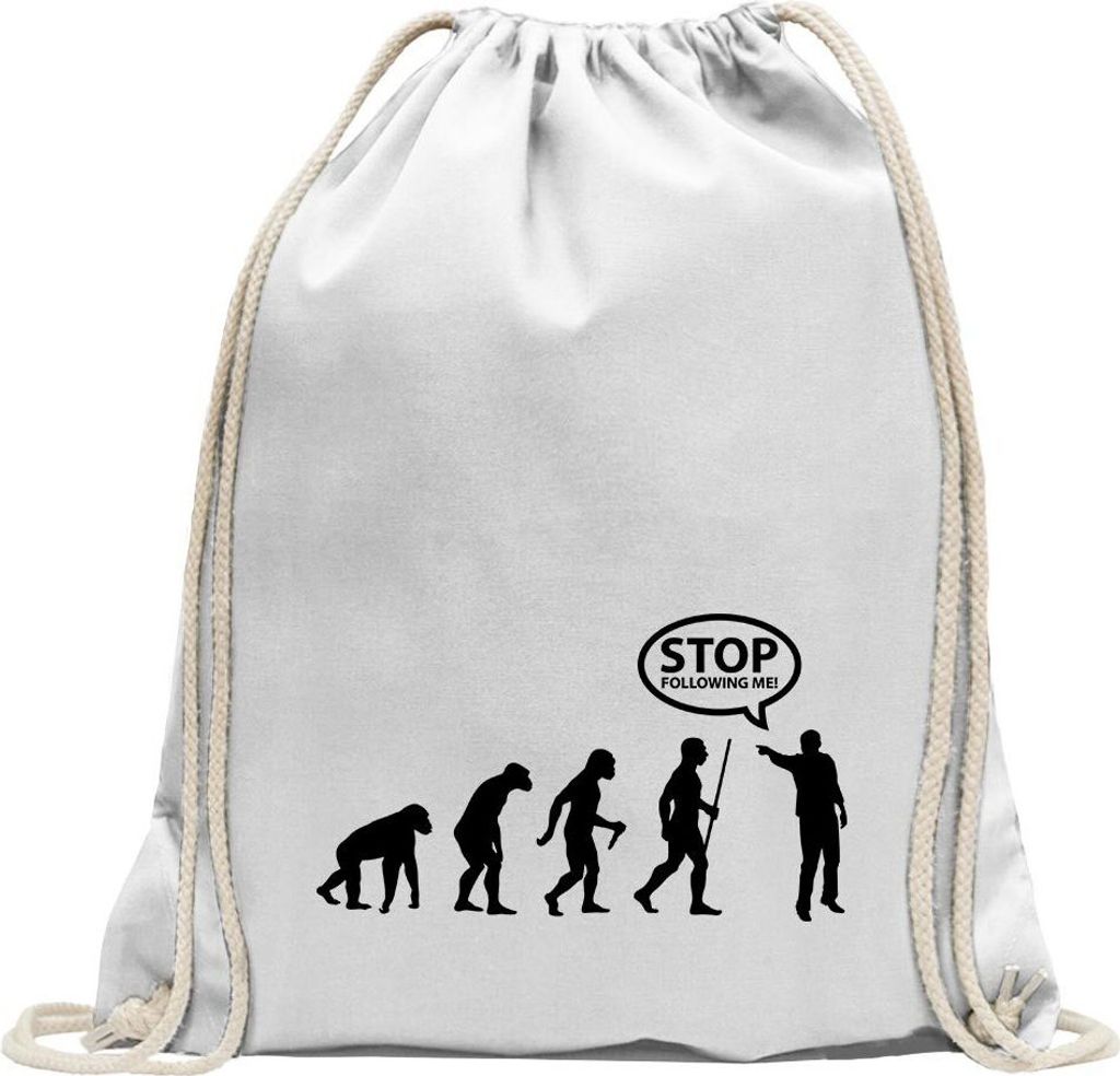 Kiwistar - Turnbeutel - weiss - Stop Following Me Evolution - Fun Rucksack Sport Beutel Gymsack Baumwolle mit Ziehgurt