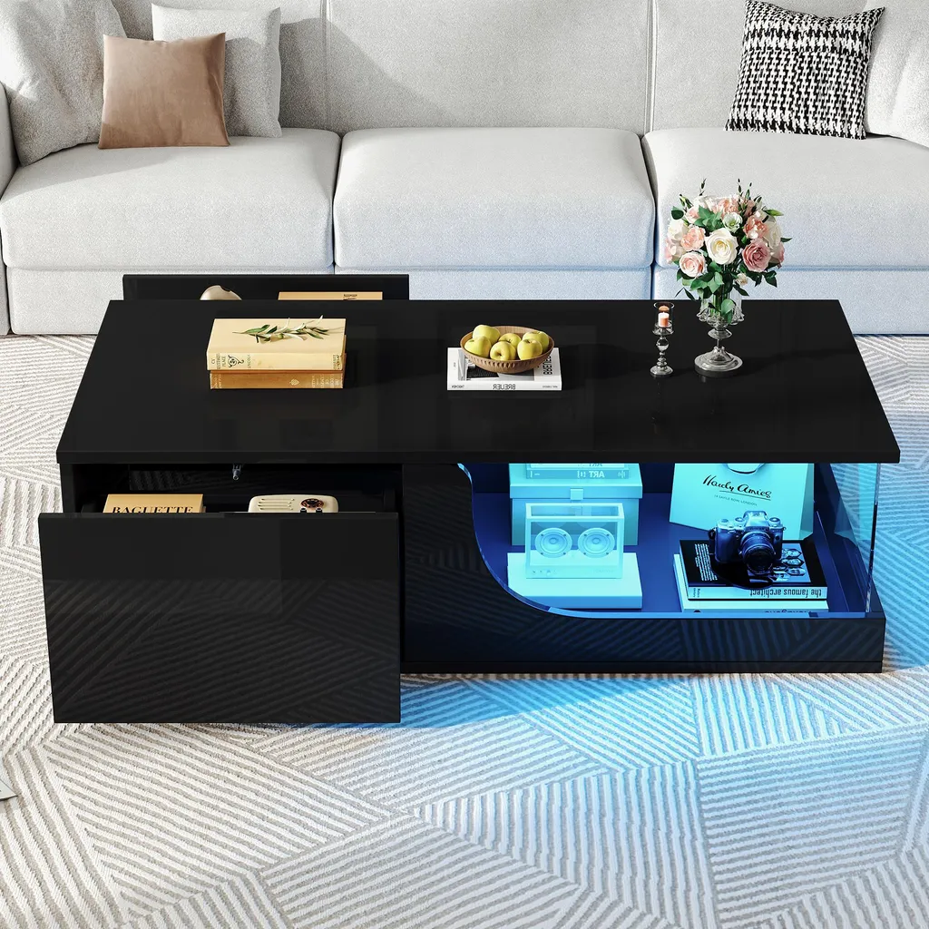 Table basse LED noire avec 2 tiroirs de rangement et finition laquée