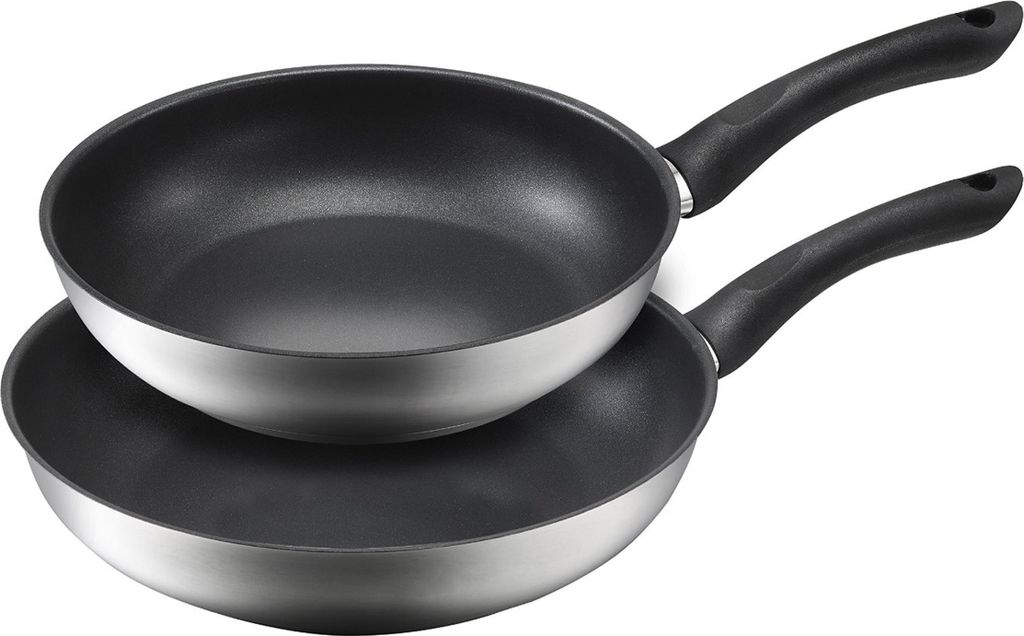 Two frying pans stacked on top of each other, photographed against a white background.