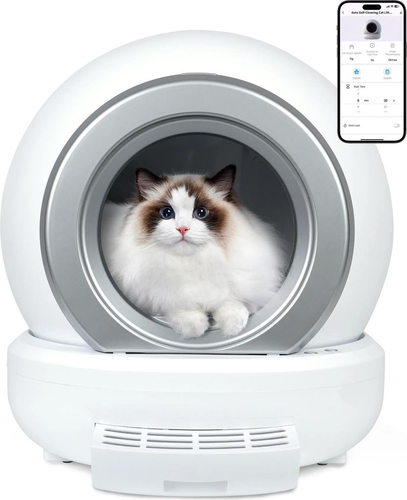 Selbstreinigende Katzentoilette - Automatische Katzentoilette - Fassungsvermögen 65 L - Infrarotsensor - App-Steuerung - Leise 35 dB - Niedrige Ba...