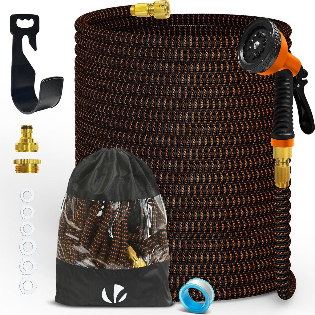 VOUNOT Flexibler Gartenschlauch 45m, Flexibel Wasserschlauch Dehnbarer mit 10 Sprühfunktionen, Messinganschlüssen,Orange