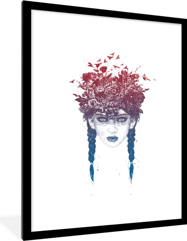 MuchoWow Gerahmtes Poster Frau - Blumen - Natur - Vögel 60x80 cm - Poster mit Schwarzem Bilderrahmen Wandposter Rahmen Foto Bilder - Wohnzimmer ...