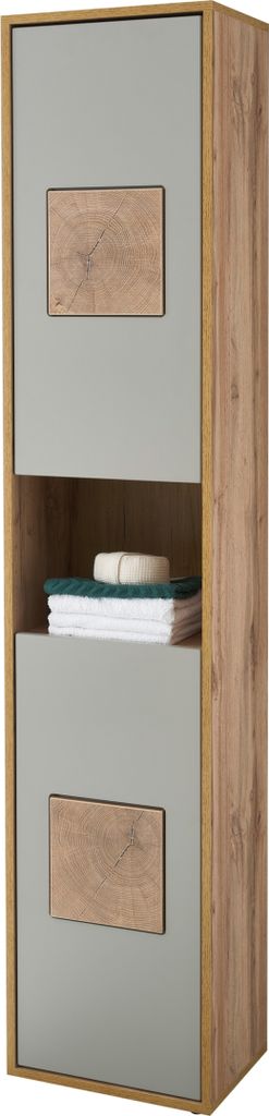 GREECE Badezimmer Hochschrank in Basalt, Wotan Eiche Optik mit Hirnholz-Applikationen - Badezimmerschrank Bad Schrank mit viel Stauraum - 40 x 190 ...