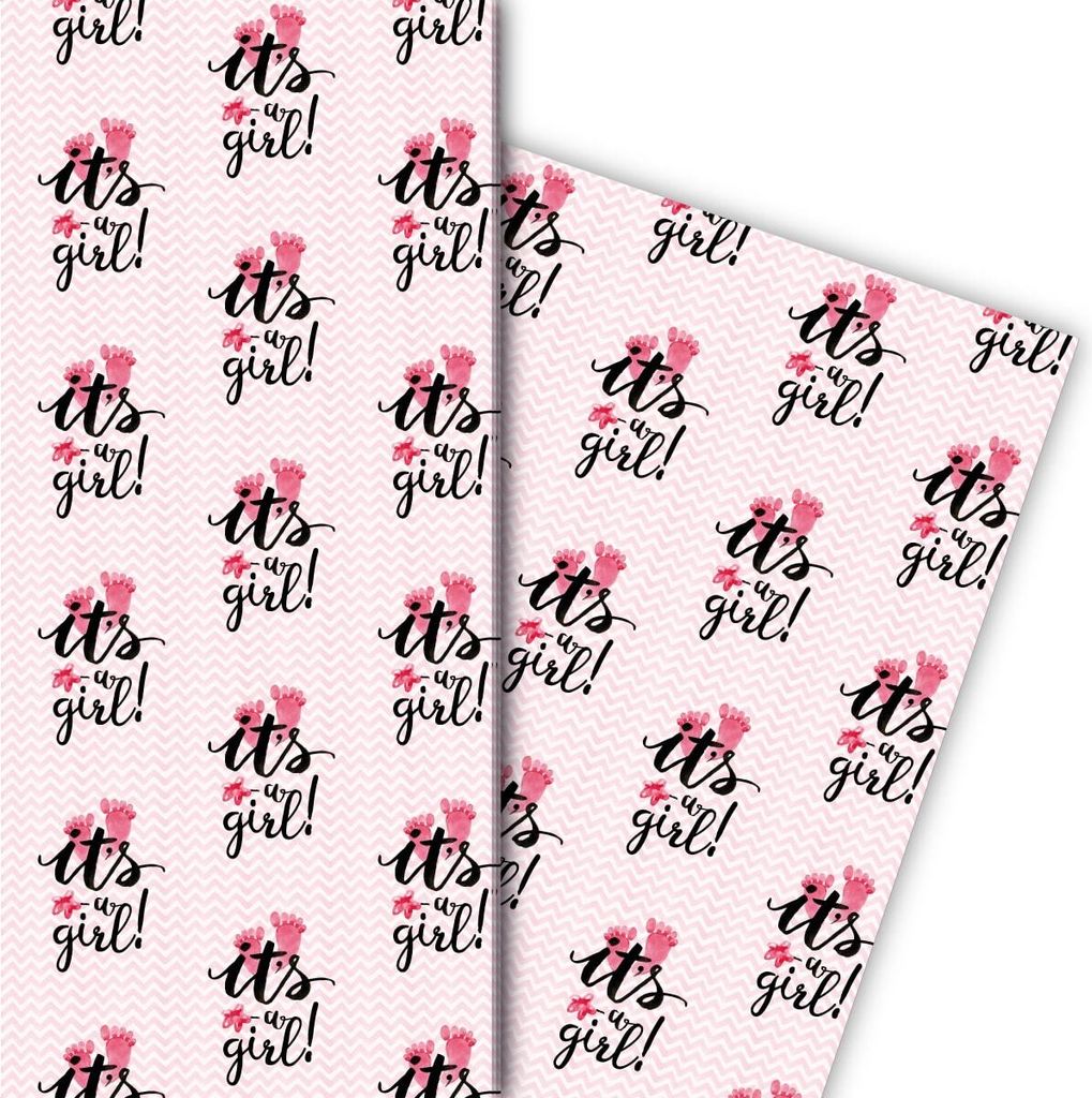 Rosa Baby Geschenkpapier mit Füßchen it's a girl, großes Muster - G7689, 32 x 48cm
