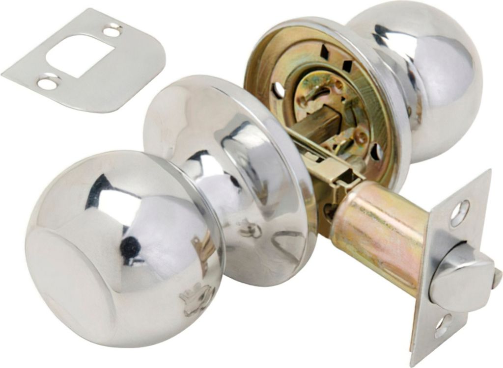 A disassembled door knob set with its latch and strike plate, shown on a white background.
