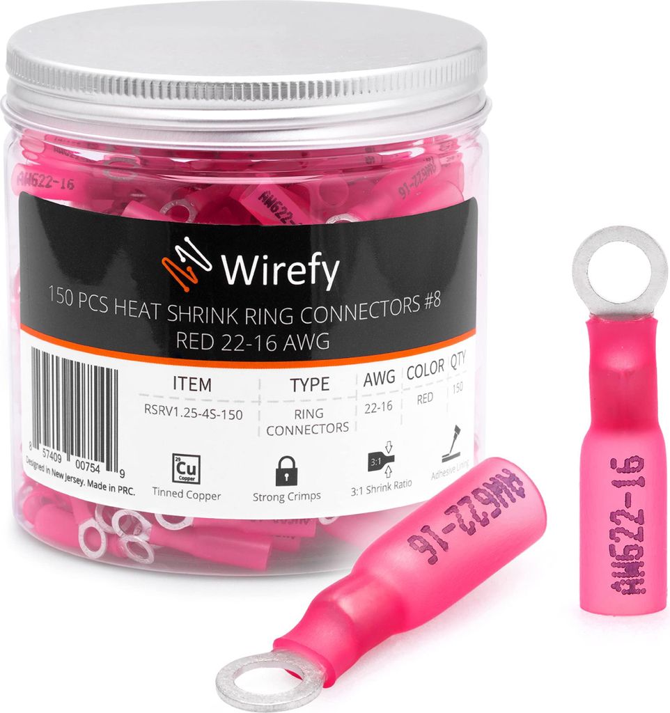 Wirefy Rote Ringkabelschuhe Schrumpfverbinder M4 - Lötfreie Kabelschuhe Sortiment - Ringkabelschuh Quetschverbinder 0,5-1,5 mm² - 150 Stück