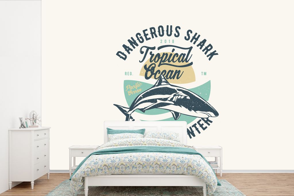 MuchoWow Fototapete für Wohnzimmer oder Schlafzimmer Wandtapete Vinyl Motivtapete Hai - Sommer - Vintage - 390x260 cm - Papiertapete