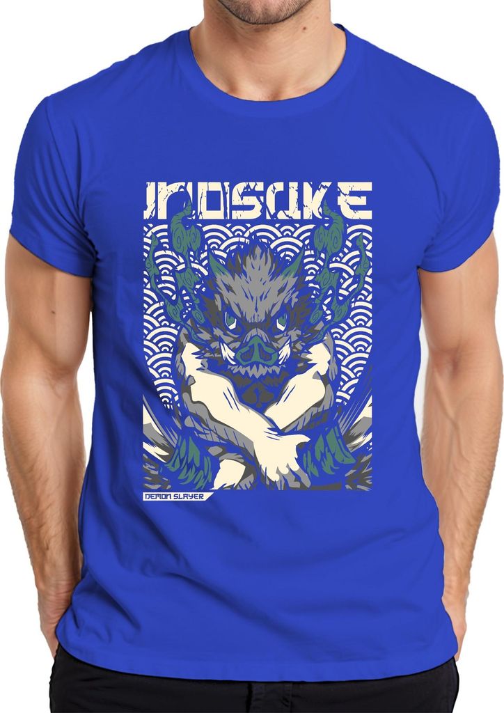 Inosuke Demon Slayer Wildschwein Maske Anime Geschenk Japan Y2K Streetwear Herren T-Shirt, Blau, XL