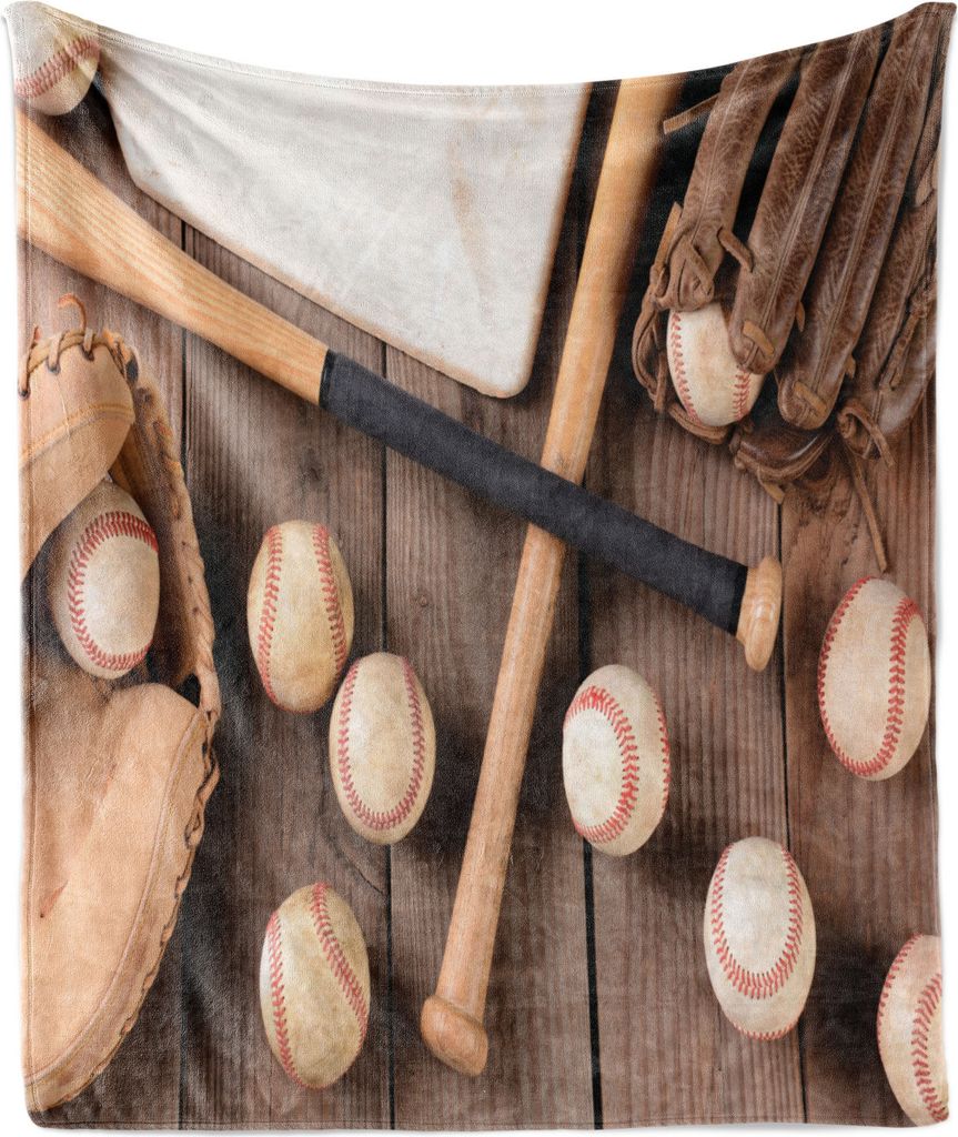 ABAKUHAUS Baseball Weich Flanell Fleece Decke, Sports Themed Close up Foto von Bats Bälle und Handschuhe Top Vista, 175 x 230 cm, Braun Hellbraun