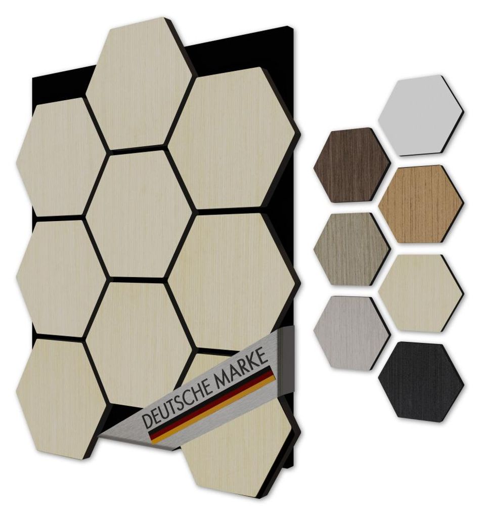 AKUSTIKO Hexagon 3D Wandpaneele 5 Stück 567x693mm - Filz Akustikpaneele & MDF Träger Technisches Furnier Holzoptik Waben Wandverkleidung & Wandde...