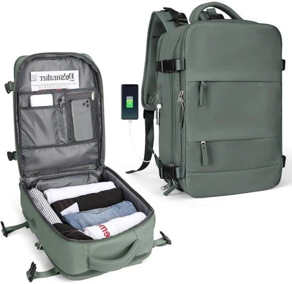 Grand sac à dos de voyage imperméable vert olive avec port USB 40L