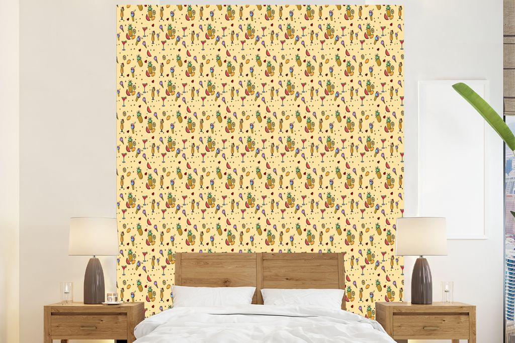 MuchoWow Fototapete für Wohnzimmer oder Schlafzimmer Wandtapete Vinyl Motivtapete Sommer - Obst - Cocktails - Muster - 210x260 cm - Wand Tapete