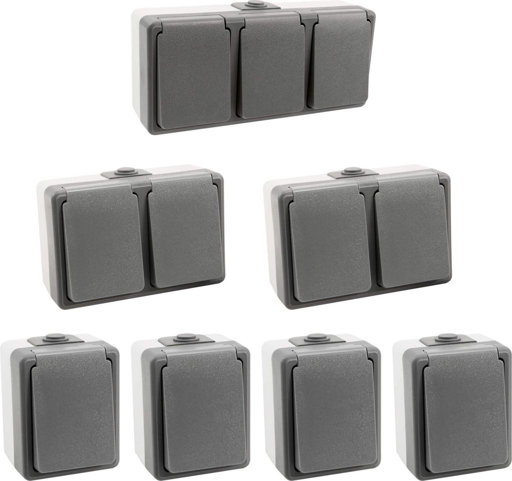 7 teiliges Feuchtraum Steckdosen Set IP44 Aufputz 1-fach 2-fach 3-fach Steckdose Secure
