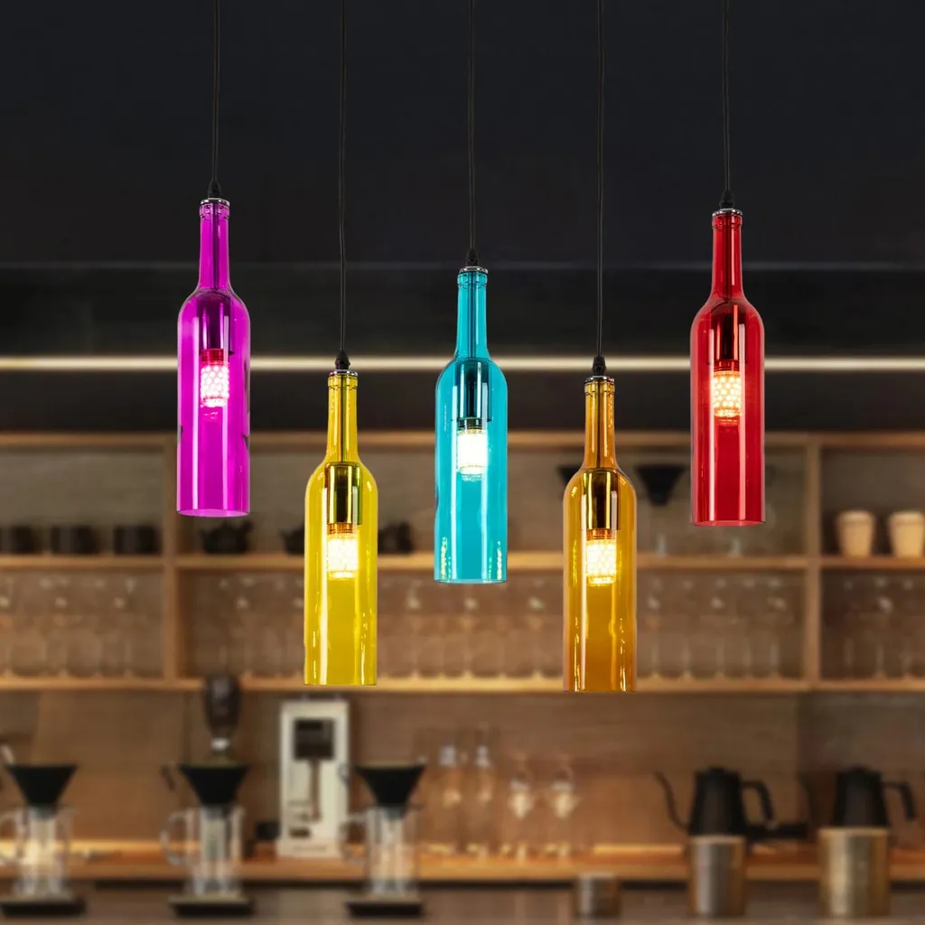 Lampada a sospensione a forma di bottiglia di vino - 5 luci - Regolabile in altezza 150 cm - Attacco E27 - Dimmerabile - Vetro - Senza lampadina - Multicolore - 5