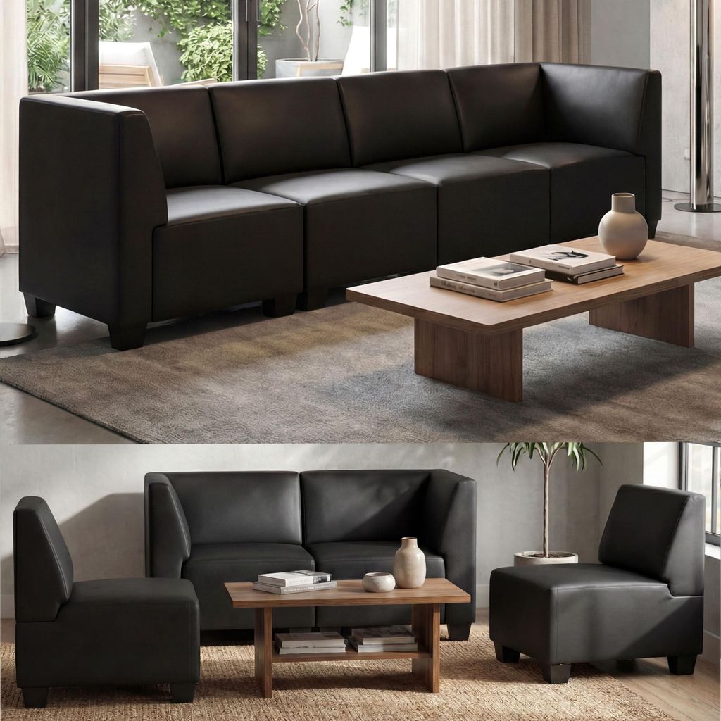 Modular 4-Sitzer Sofa Couch Lyon, Kunstleder schwarz, hohe Armlehnen