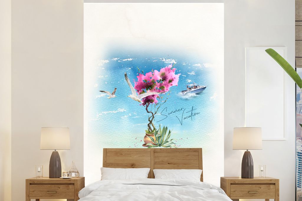 MuchoWow Fototapete für Wohnzimmer oder Schlafzimmer Wandtapete Vinyl Motivtapete Blume - Boot - Aquarell - 155x240 cm - Tapete
