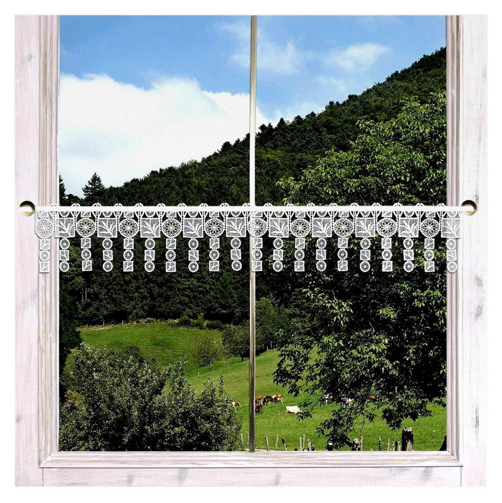 Feenhaus-Scheibengardine Aneta aus Plauener Spitze mit Mandalas und Mosaik-Ornamenten in weiß 13 x 48 cm
