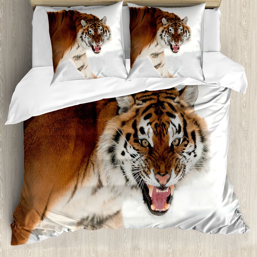 ABAKUHAUS Tiger Bettbezug, Panthera auf Schnee Schließen, Milbensicher Allergiker geeignet mit Kissenbezügen, 155 cm x 220 cm - 80 x 80 cm, Hellb...