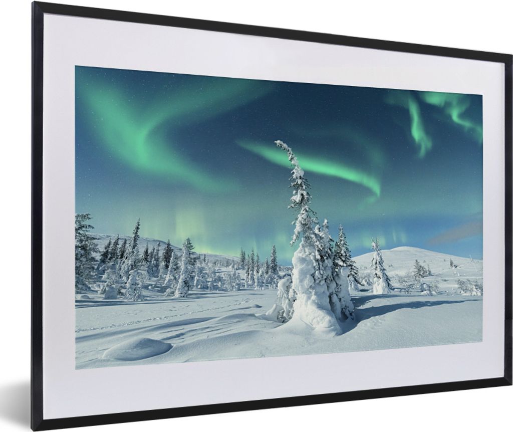 MuchoWow MuchoWow Gerahmtes Poster Nordlicht - Schnee - Landschaft - Winter - Höhle 60x40 cm - Poster mit zchwarzem Bilderrahmen - Schlafzimme...