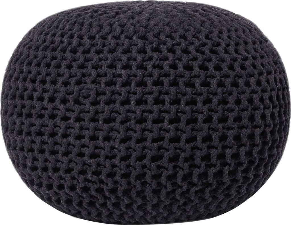 A dark gray knitted pouf is shown against a white background.