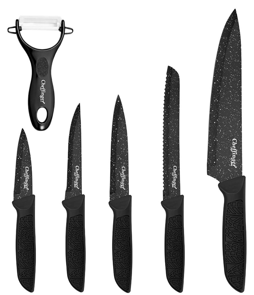 Cheffinger, 6er Messer Set Marmoroptik antihaft mit Schäler, Schwarz