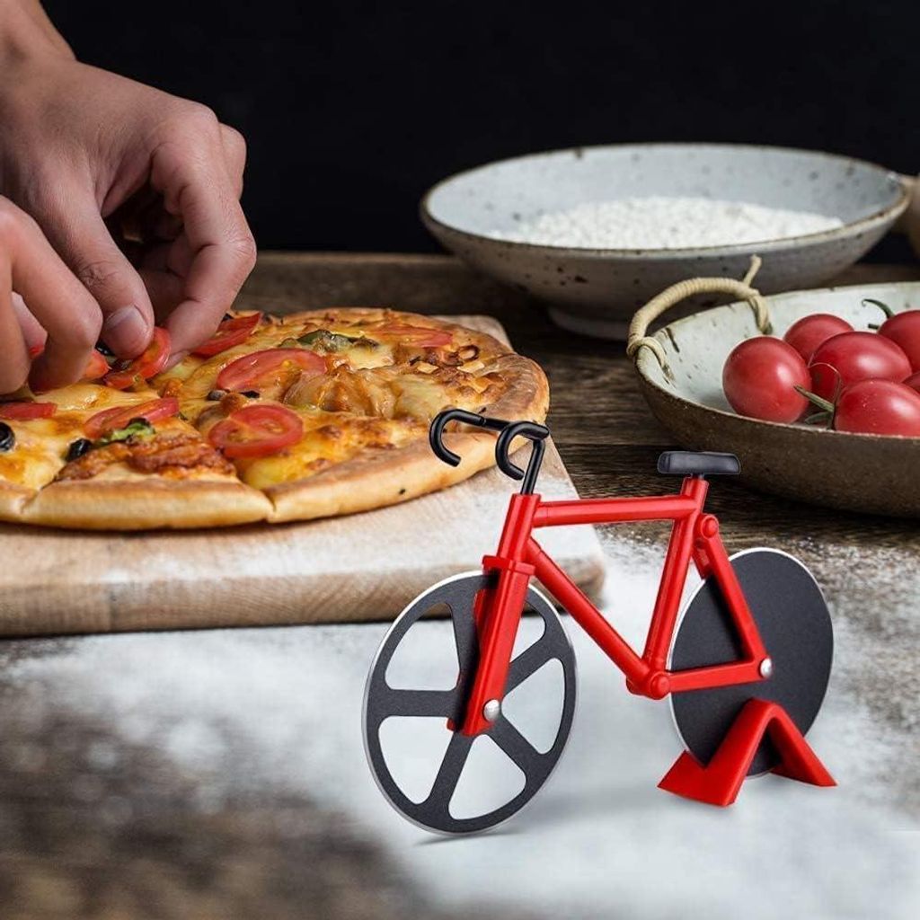 Fahrradförmiger Pizzaschneider - Doppelte Edelstahlklingen mit Ständer für Pizza, Kuchen und Waffeln