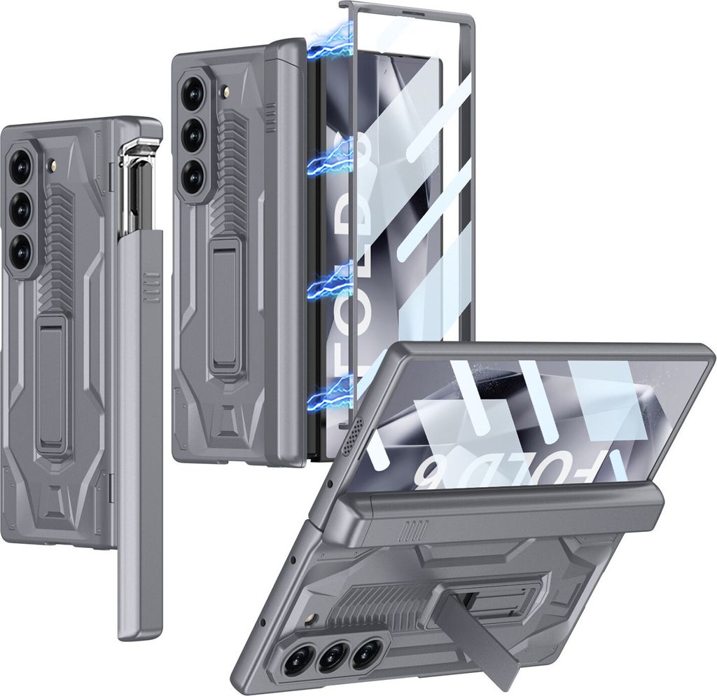 Hülle für Samsung Galaxy Z Fold 6, Magnetische Scharnier Objektiv Schutzhülle Ständer Handyhülle mit Schieben Stifthalter Grau