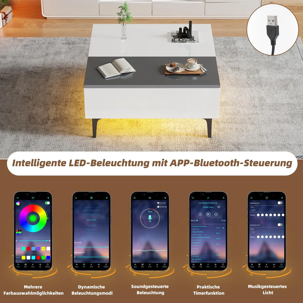 Table Basse Blanc Brillant 70cm Plateau Relevable et Eclairage App LED - 10