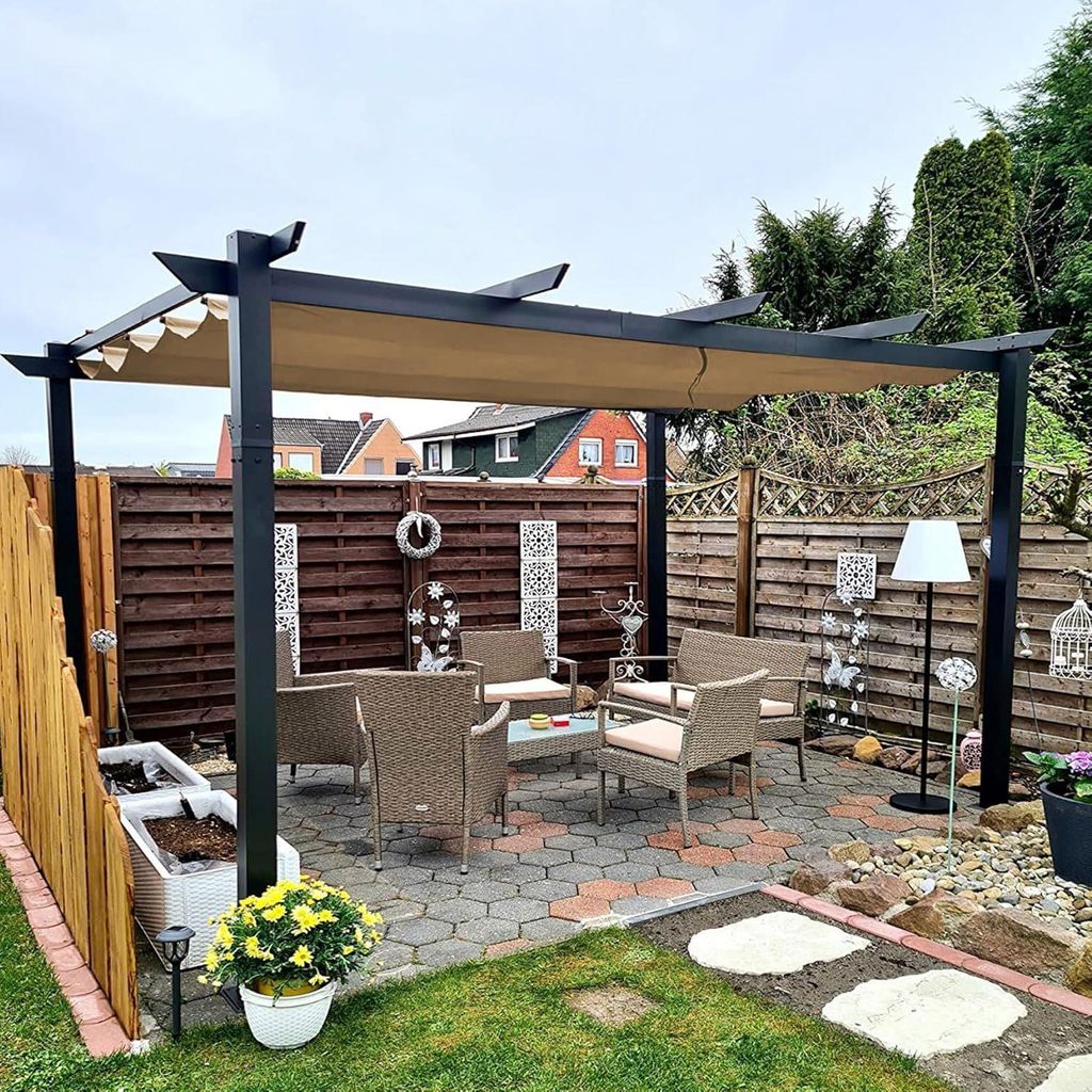 PURPLE LEAF Aluminium Pergola 4x3 m Schiebedach, Wasserdicht, UV-Schutz, Beige