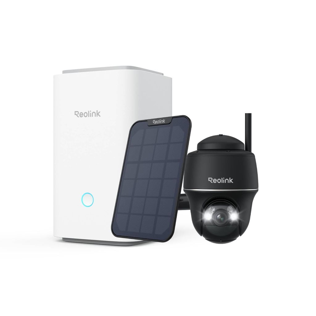 Reolink Argus PT+Solarpanel mit Home Hub, 2K+ 5MP Akku Überwachungskamera Set, 5/2,4 GHz, Smart-Erkennung, Farbnachtsicht, mit 64GB SD-Karte, Schwarz