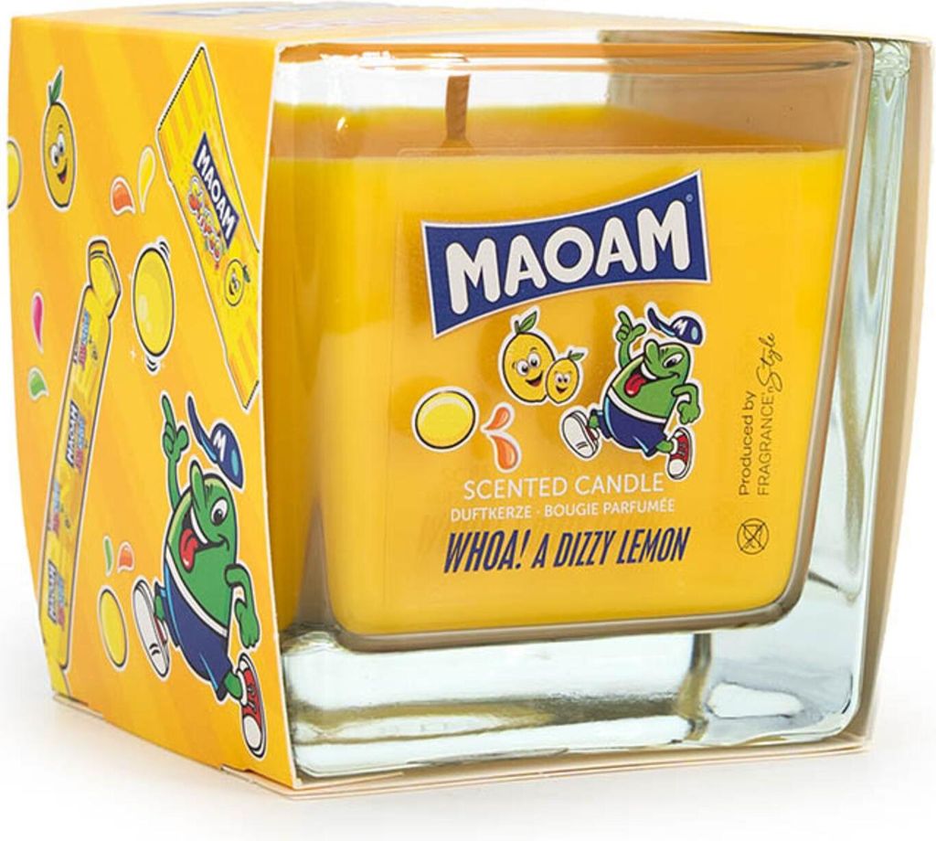 Duftkerze Maoam Dizzy Lemon, Kerze im Glas, Zitrone & Limette, 200g, 40 h Brenndauer, Geschenkidee, Aromakerze, gelb