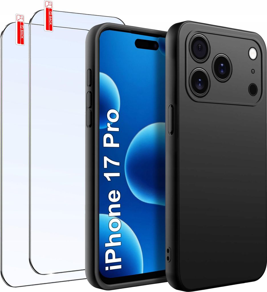 SET iPhone 17 Pro Hülle | Mattes Schwarzes Silikon Slim + 2 STÜCK GLAS