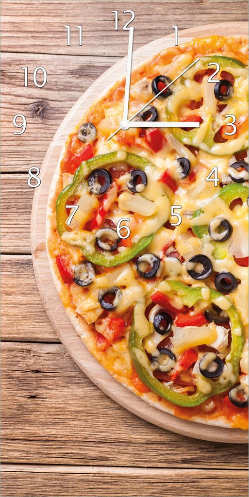 Wallario Design Wanduhr bedruckt, Größe 30 x 60 cm, Motiv: Italienische Pizza mit Peperoni, Oliven. Paprika und Käse
