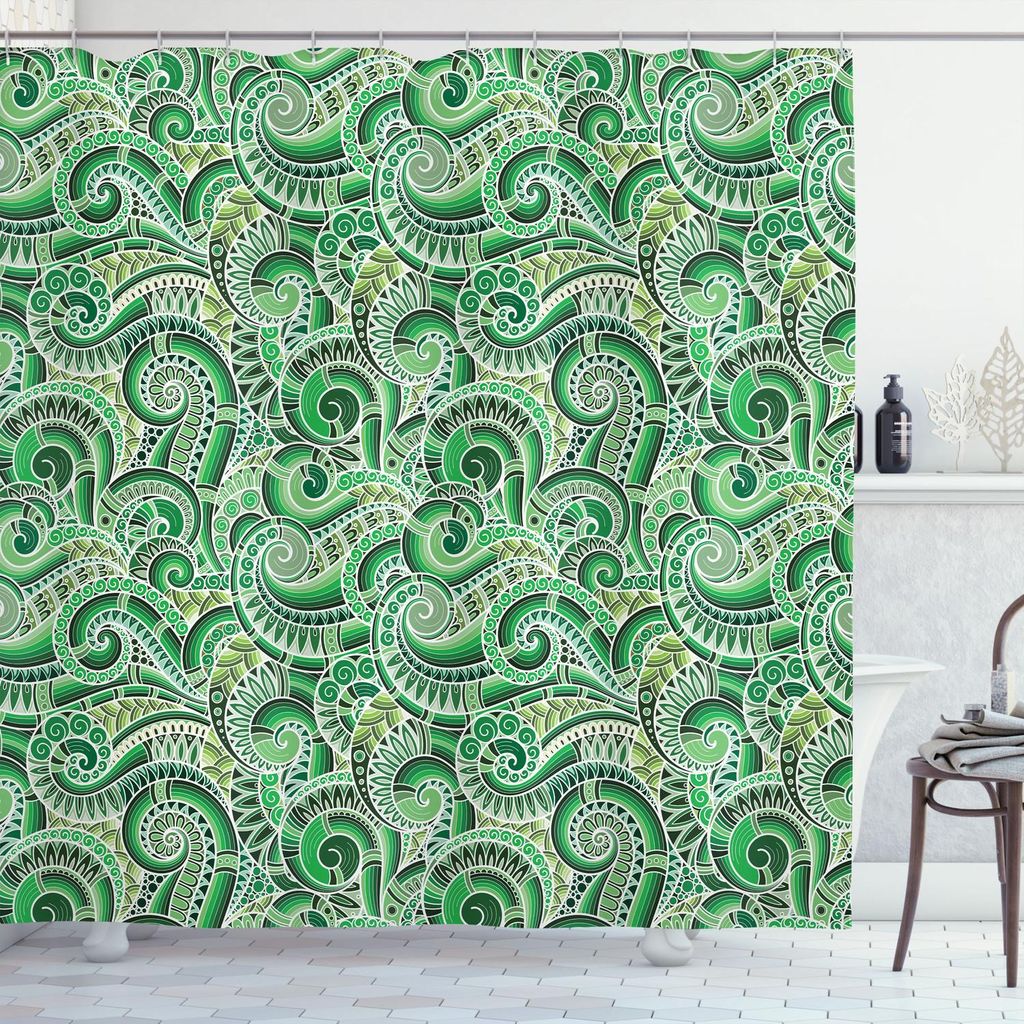 ABAKUHAUS asiatisch Duschvorhang, Klassisches Paisley Gekritzel Blumenillustration Retro Motiven Illustration, 175 x 200 cm, Grün Schwarz