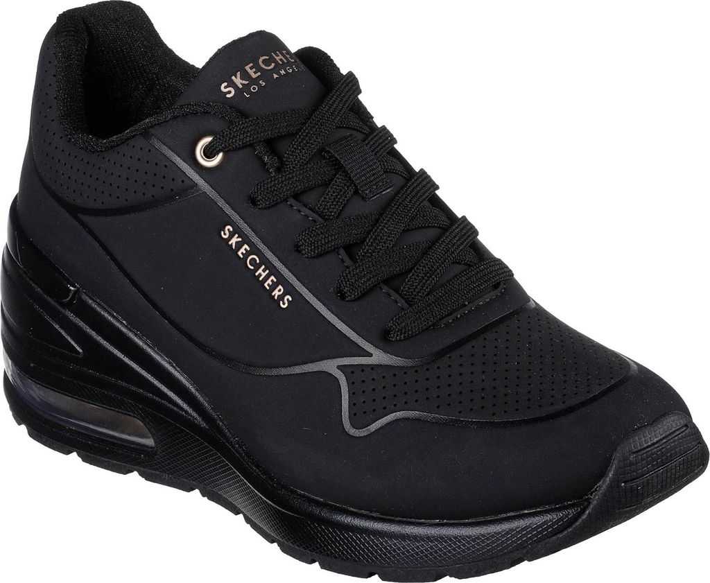 A black Skechers sneaker is shown from a side angle against a white background.