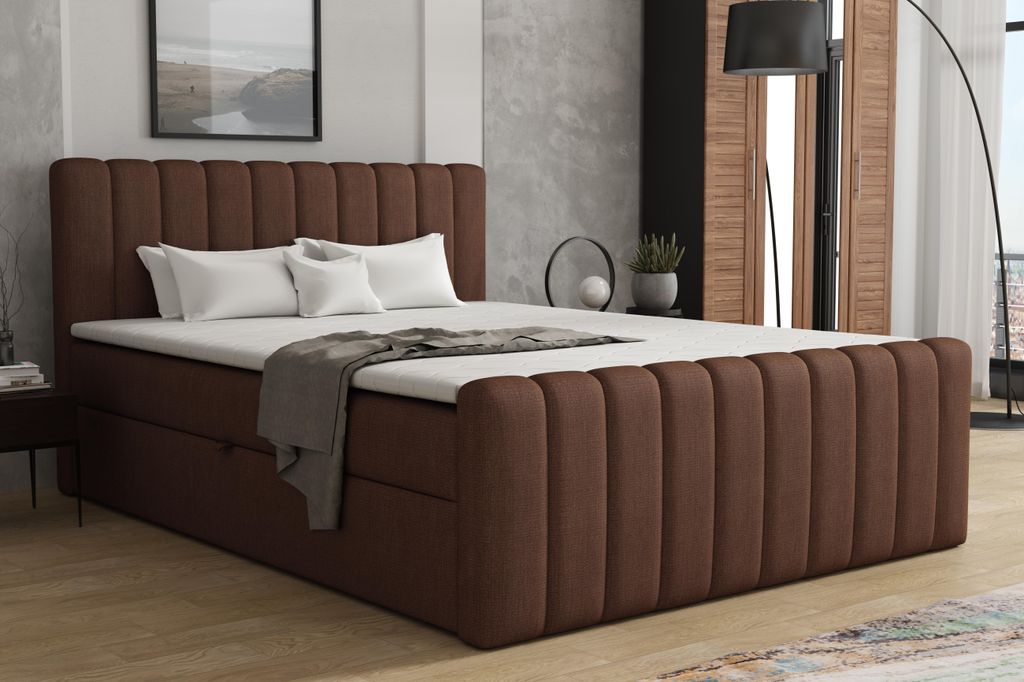 MR GROUP Boxspringbett mit Bettkasten ASTI, 160x200, braun, H3, Samtstoff, Polsterbett mit Matratze und Topper Doppelbett Bett für Schlafzimmer