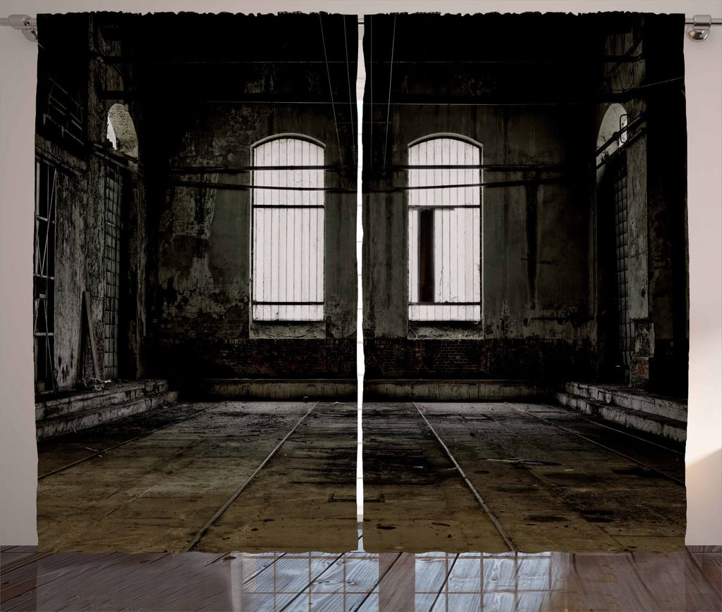 ABAKUHAUS industriell Rustikaler Gardine, Wrecked Walls, Schlafzimmer Kräuselband Vorhang mit Schlaufen und Haken, 280 x 175 cm, Dunkelbraun Weiß