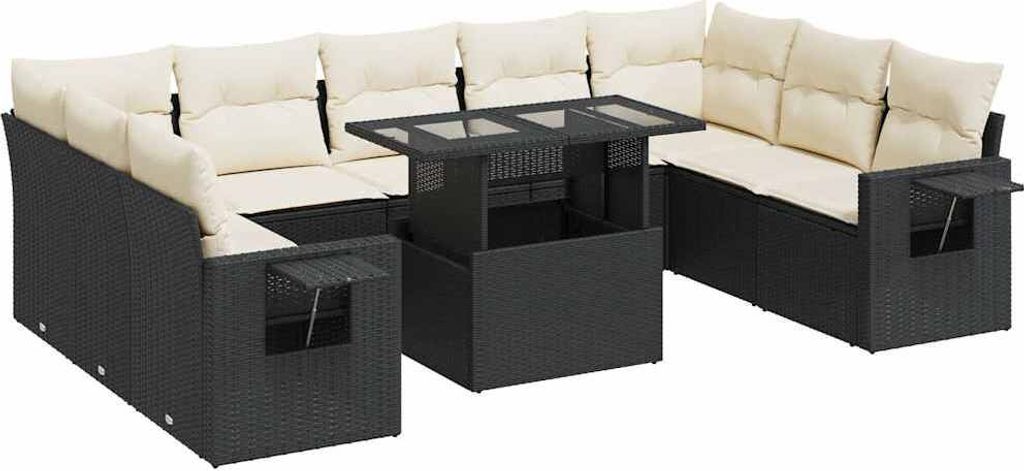 vidaXL 10-tlg. Garten-Sofagarnitur mit Kissen Schwarz Poly Rattan