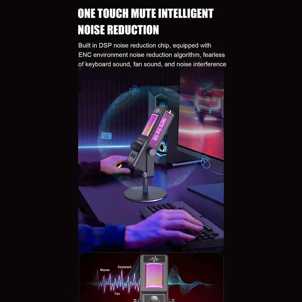Microphone USB RGB Plug-and-Play avec Interface Type-C et Pied Inclus