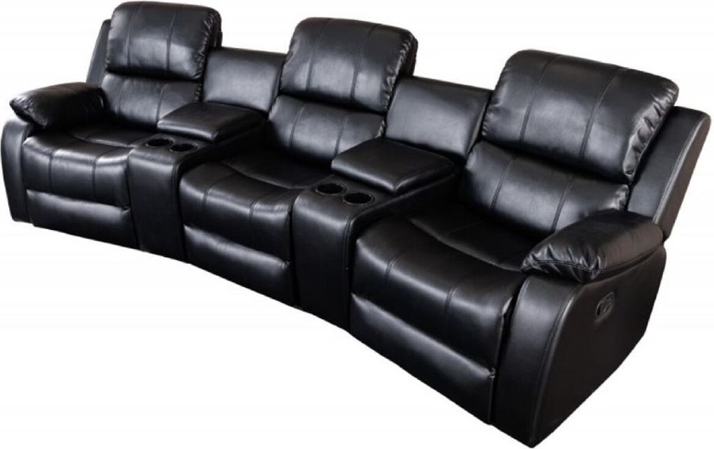 Casa Padrino Kunstleder 3er Kinosessel Schwarz 295 x 95-165 x H. 78-101 cm - Wohnzimmer Fernsehsessel mit Getränkehalter und Ablagefach - Kunstled...