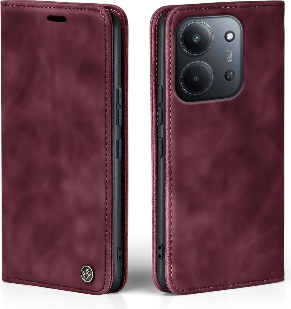 A burgundy flip case for a smartphone is shown from two angles, open and closed.