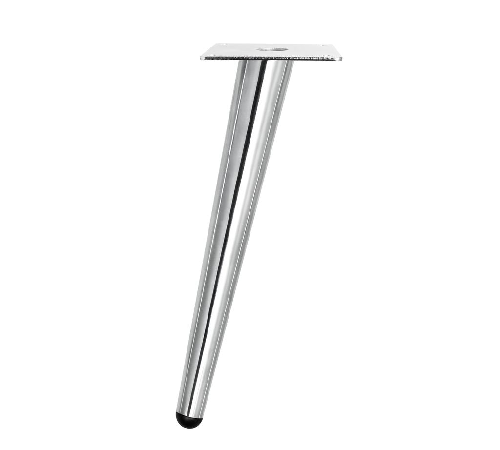 A single chrome furniture leg is shown against a white background.