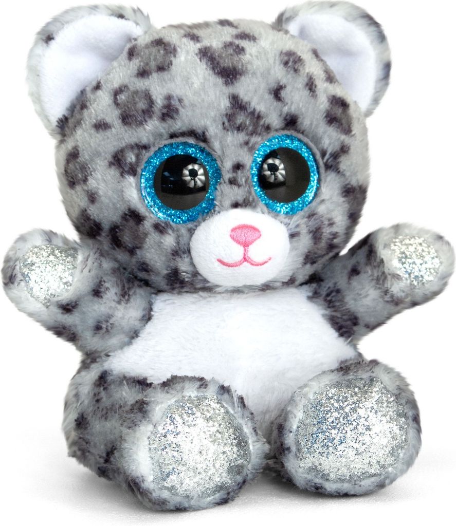 A stuffed toy snow leopard sitting down.