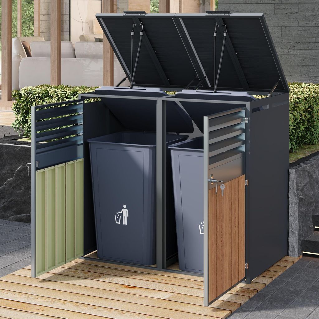 MODFU Outdoor-Mülltonnenbox Abschließbar mit Klappdeckel Lüftungsöffnung mit Lamellen für Garten geeignet Zwei Türen Grau
