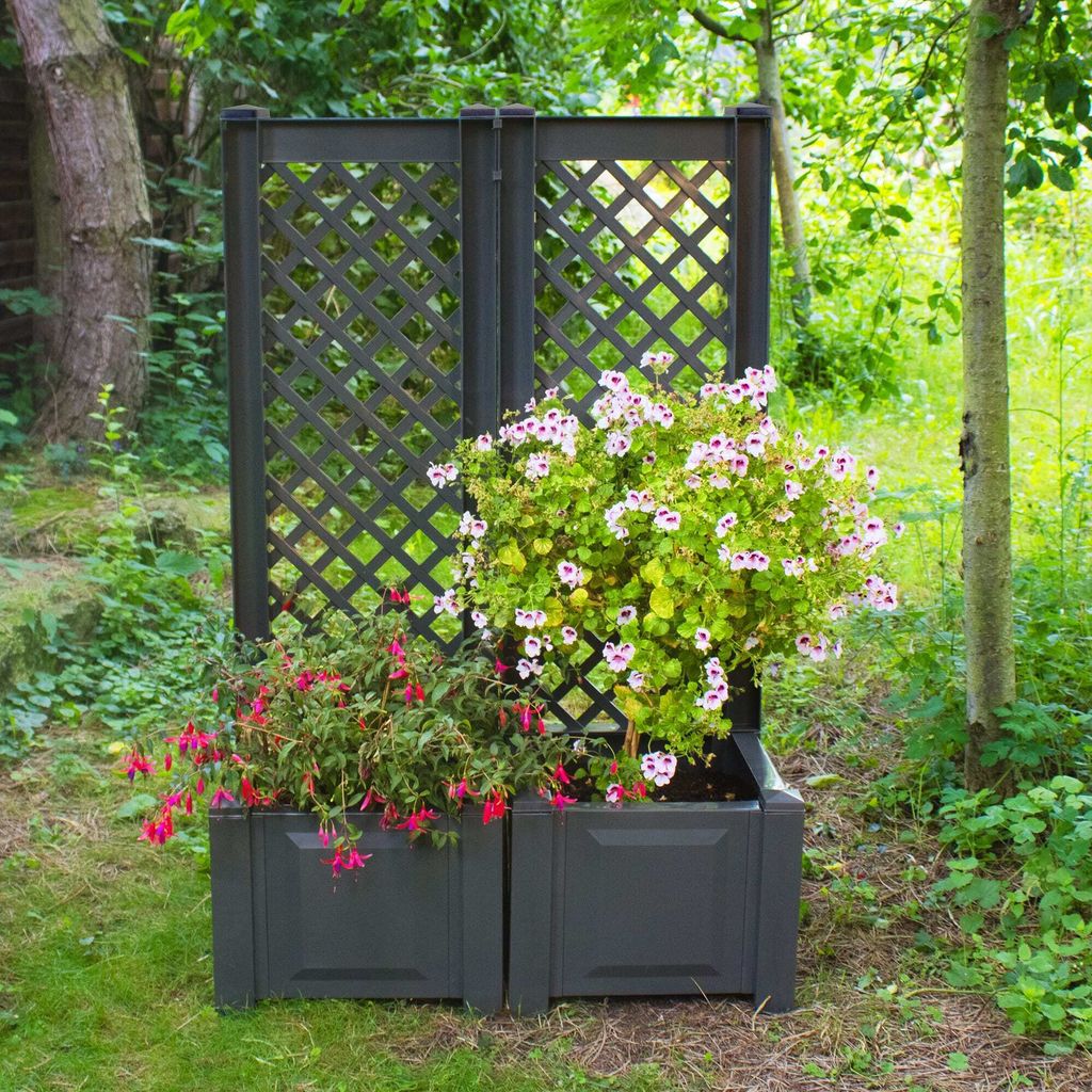 Pflanzkasten NYVIGreen 43x43x140 cm 44 Liter mit Spalier 2er Set - Pflanzkübel aus wetterfestem & recyceltem Kunststoff, Farbe:Anthrazit