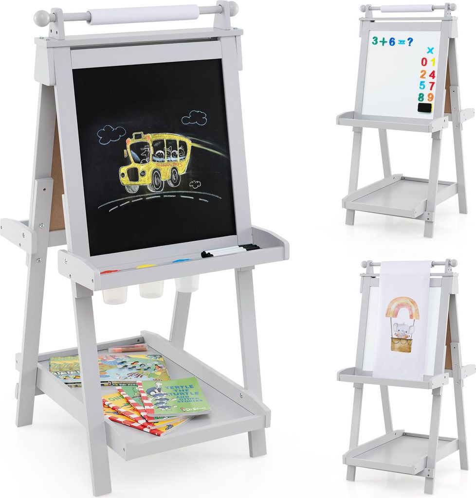 GOPLUS Tafel Kinder, 3-in-1 Kindertafel mit Whiteboard & Magnetischer Tafel, faltbare Malstaffelei mit Papierrolle & 3 Farbpaletten, Grau