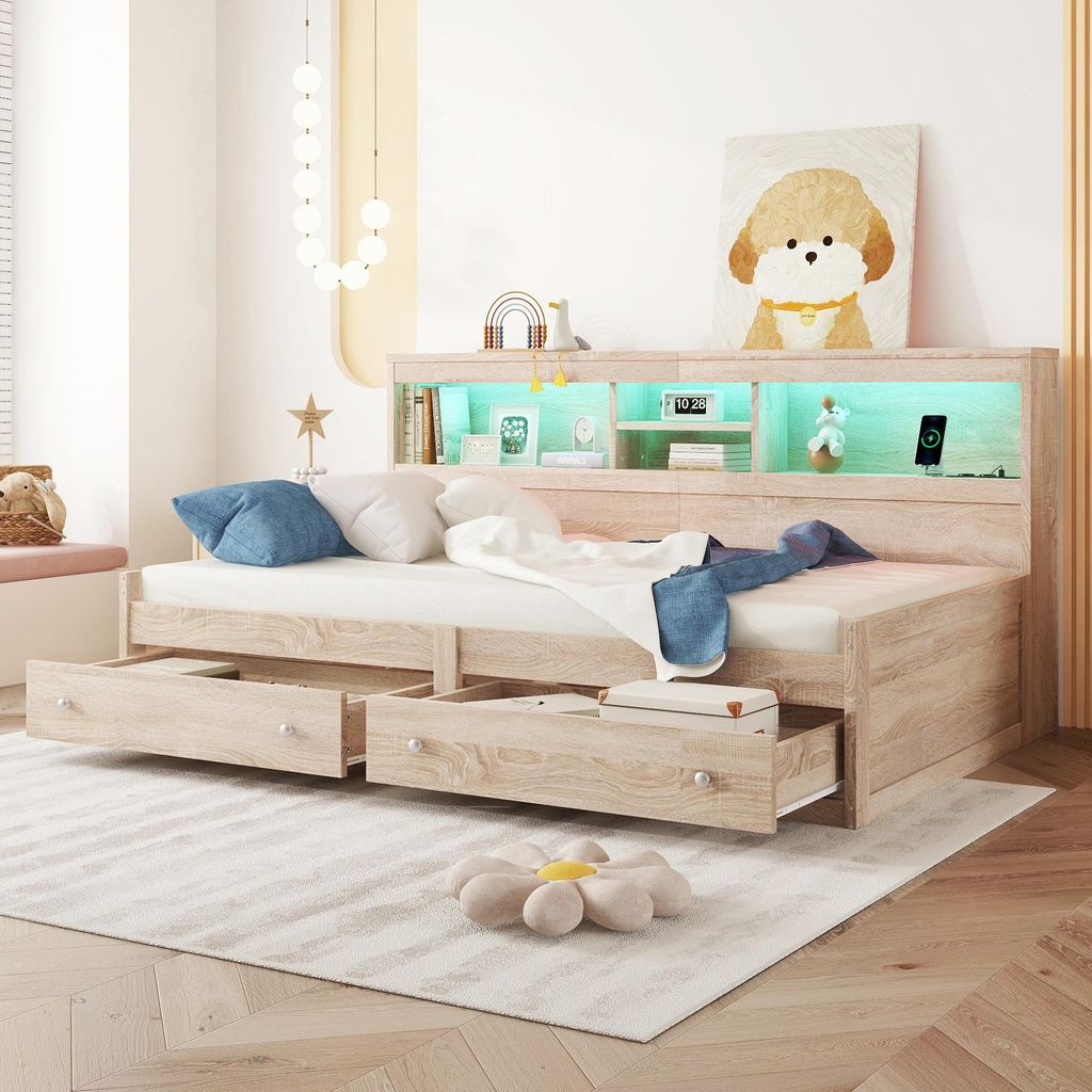 Divano Letto In Ferro 90x200 Cm Con LED, Cassetti E Scrivania Pieghevole – Perfetto Per Ogni Stanza!